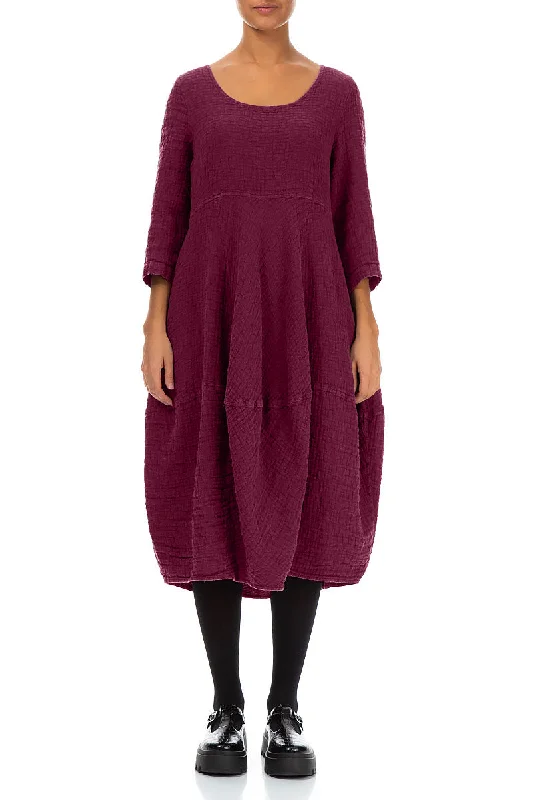 Balloon Cropped Sleeves Magenta Textured Linen Dress