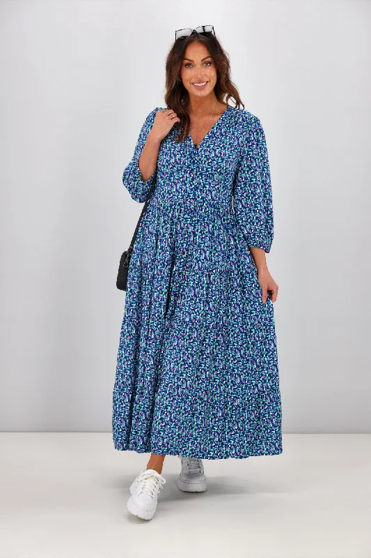 Boho Australia Kurt Midi Dress Blue Multi Print