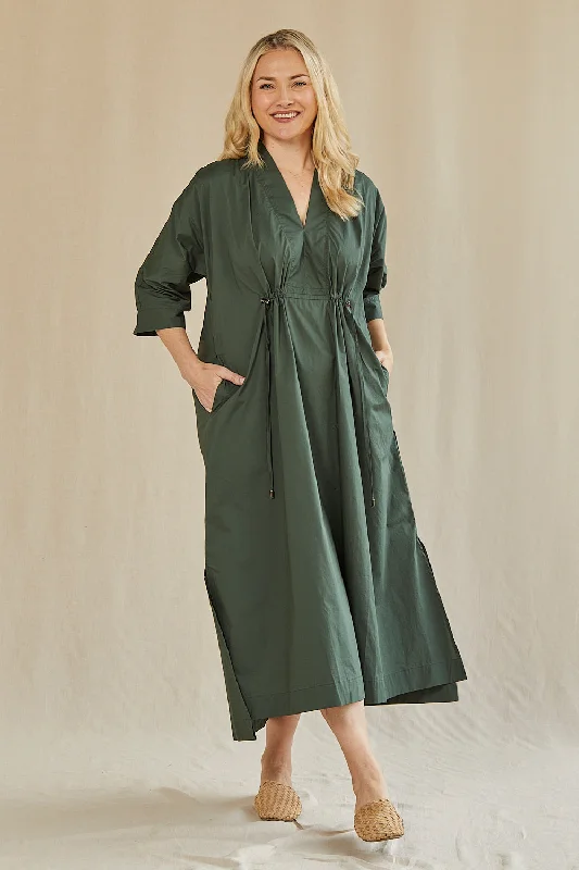 Finley Poplin Kaftan Dress in Bottle Green