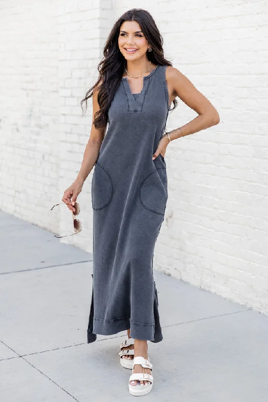 Forgotten Romance Black Acid Wash Midi Dress