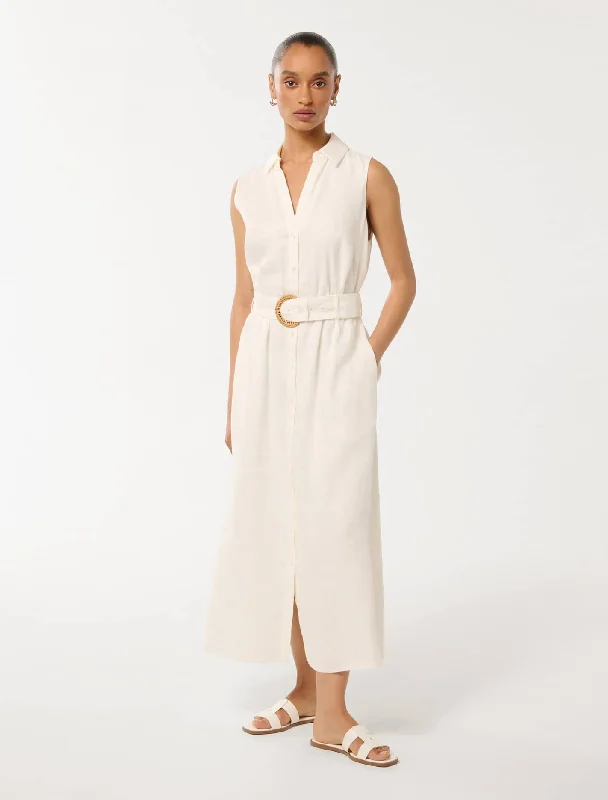 Pippa Petite Collared Button Front Linen Midi Dress