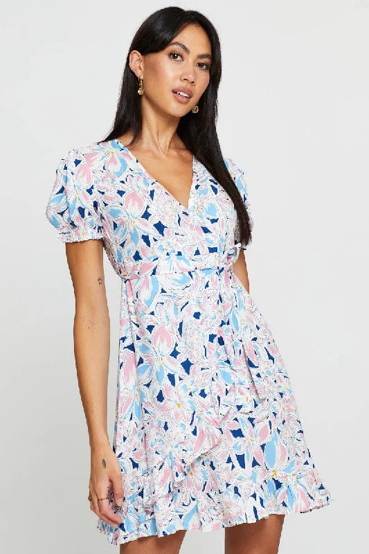 Print Mini Dress Short Sleeve Fit And Flare