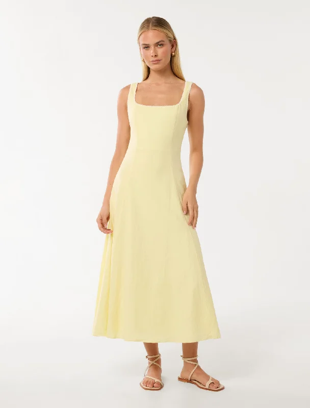 Solene Linen Contrast Whip Stitch Midi Dress