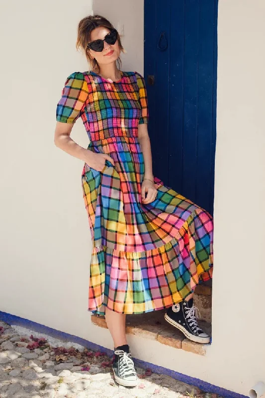 Sugarhill Yolanda Midi Shirred Dress Summer Rainbow Check Multi