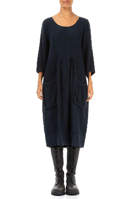 Twin Pockets Navy Textured Linen Dress