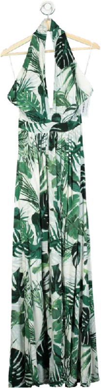 Green and White Leaf Print Halter Maxi Dress UK L