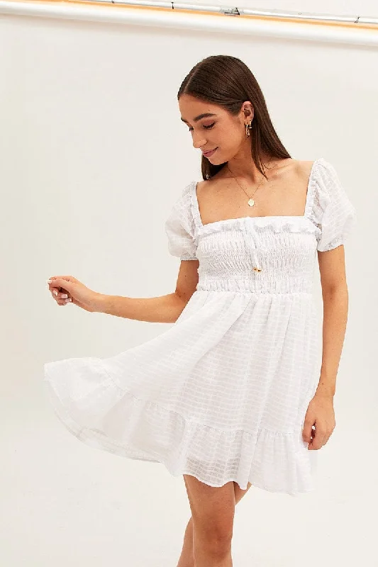 White Fit And Flare Dress Short Sleeve Shirred Mini