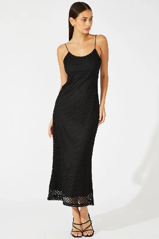 Black Midi Bodycon Dress Sleeveless Crochet