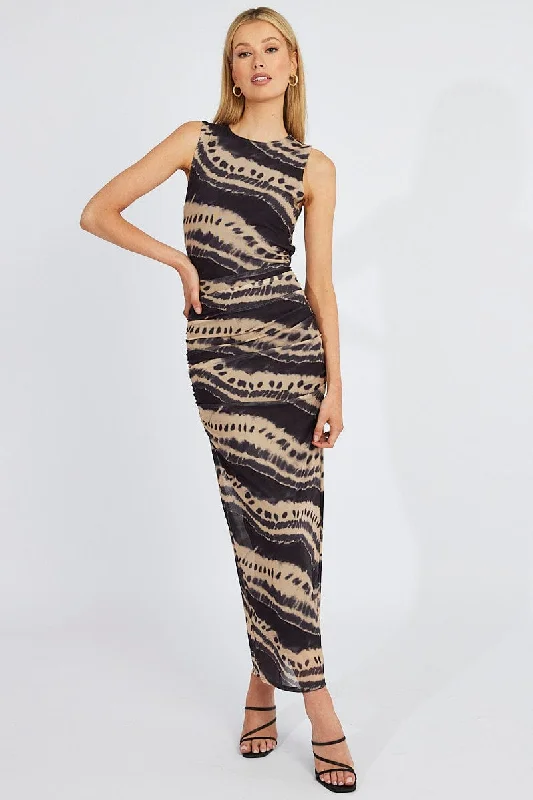 Multi Abstract Bodycon Dress Sleeveless Mesh