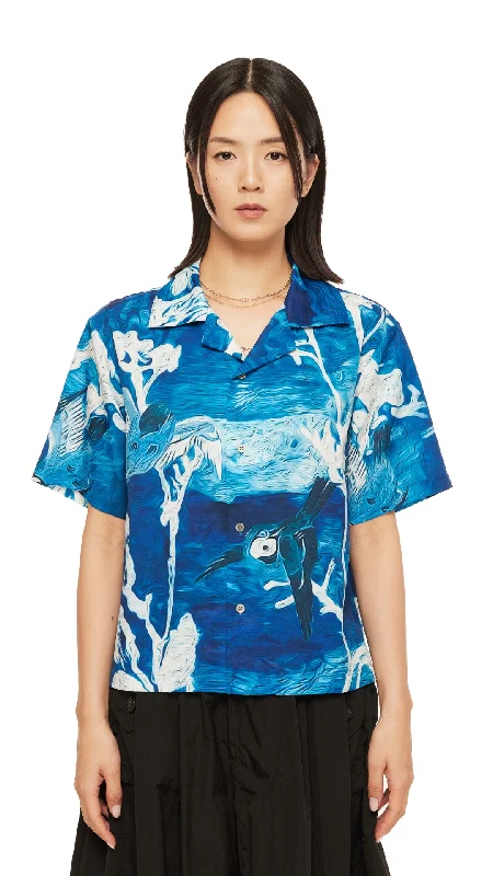 Indigo Birds Graphic Shirt Dress