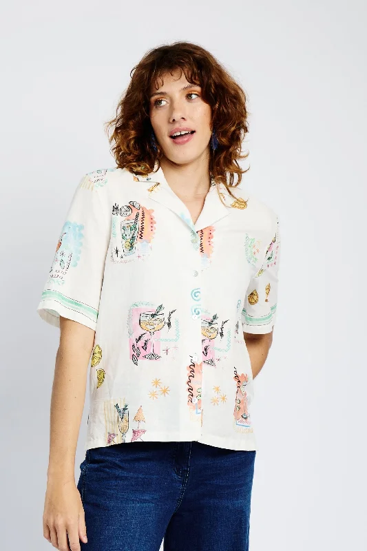 Revere Collar Linen Shirt with Cocktail Print