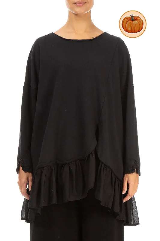 Ruffled Hem Black Cotton Tunic