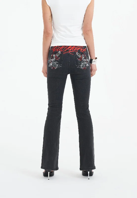 Womens Crystal Koi Flared Denim Trousers Jeans - Black