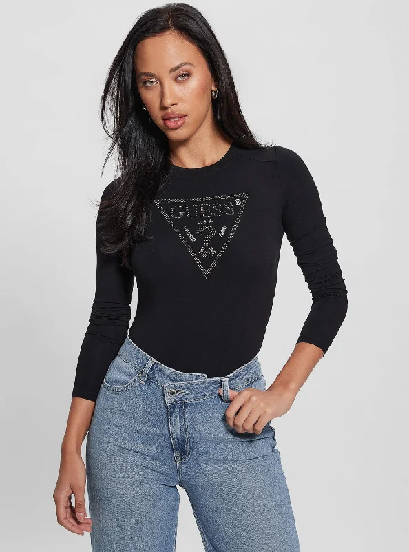 Black Rhinestone Logo Bodysuit Top