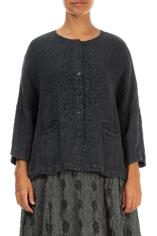 Boxy Graphite Textured Linen Jacket Blouse