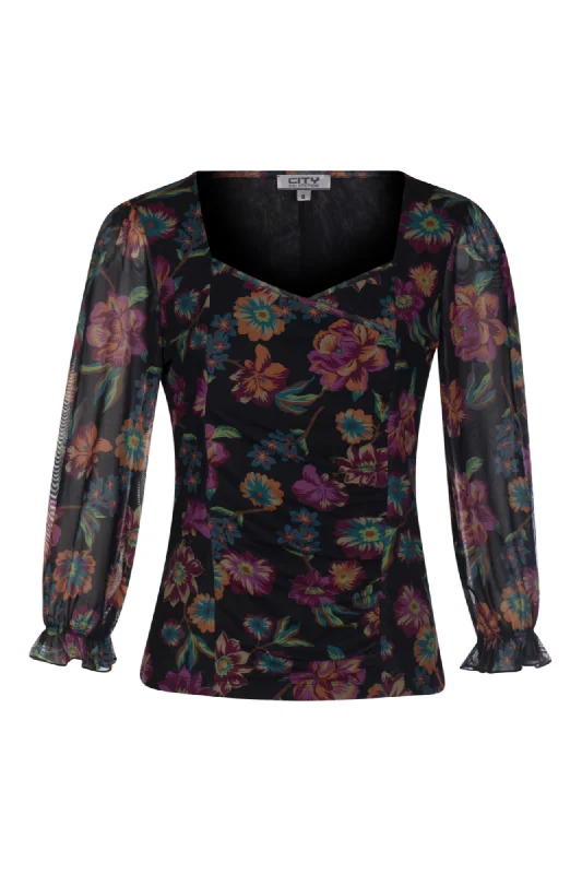 Printed Mesh sweetheart neck Top | Cerise Kelly Garden | 7242AR