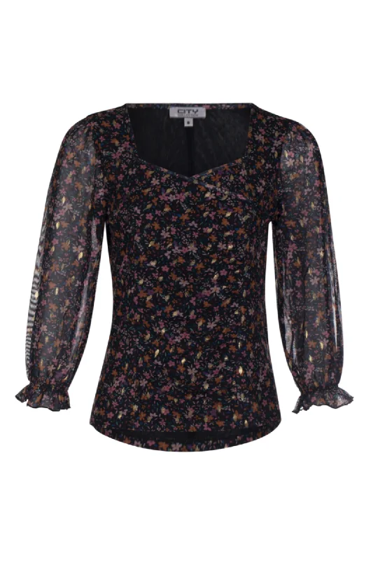 Printed Mesh sweetheart neck Top | Multi Foil Flower | 7242AR