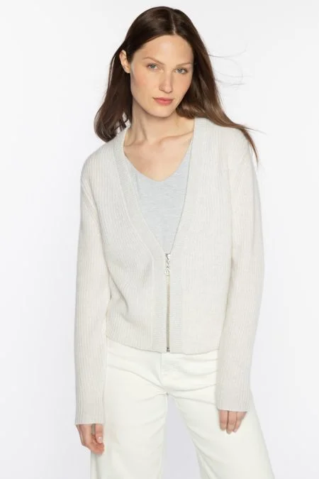 Kinross Cashmere Crop Lurex Trim Zip Cardigan