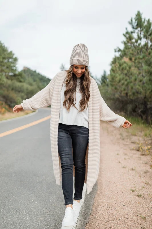 Morgann Beige Textured Long Cardigan Emily Fauver X Pink Lily