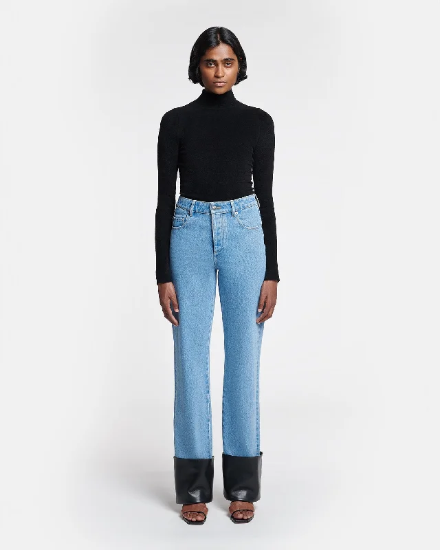 Raynee - Leather-Trimmed Straight-Leg Jeans - Mid Blue