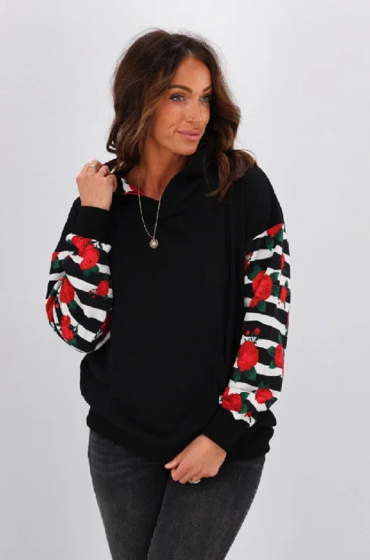 Shine On Label Lailah Hooded Sweatshirt with Floral Striped Sleeves & Hood Lining