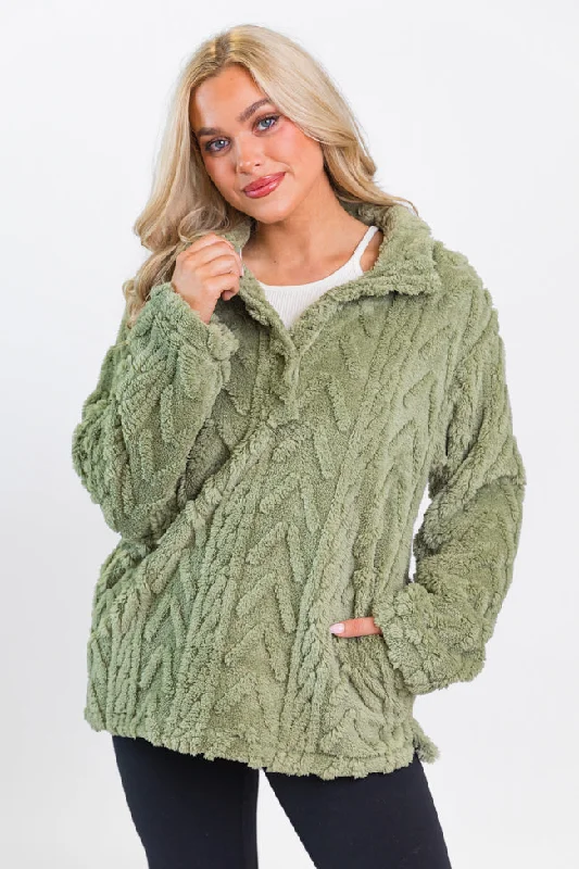 Take The Leap Olive Cable Detail Sherpa Pullover